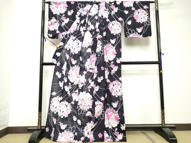 平和屋着物∴夏物　浴衣　薬玉花文　銀彩　綿　逸品　DABI8702cd