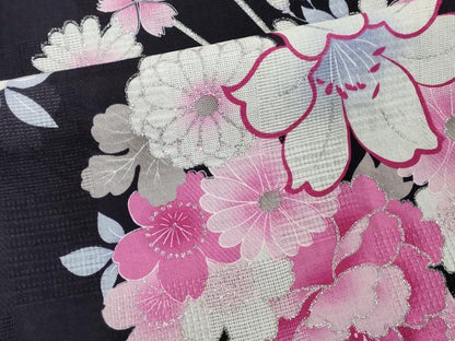 平和屋着物∴夏物　浴衣　薬玉花文　銀彩　綿　逸品　DABI8702cd