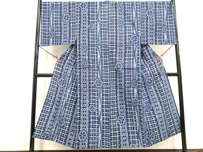 平和屋着物∴夏物　男性　浴衣　注染　源氏車文　綿　逸品　未使用　DABI8745cd