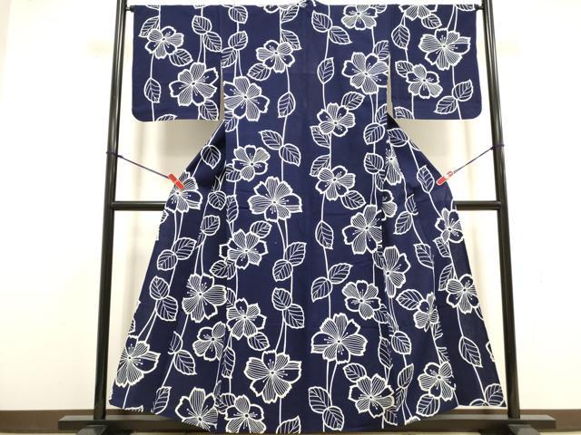 平和屋着物∴夏物　浴衣　注染　手縫い　枝花文　綿　逸品　DABI8754cd