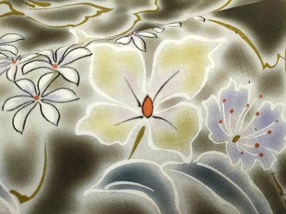 平和屋着物∴夏物　浴衣　注染　手縫い　草花文　綿　逸品　DABI8755cd