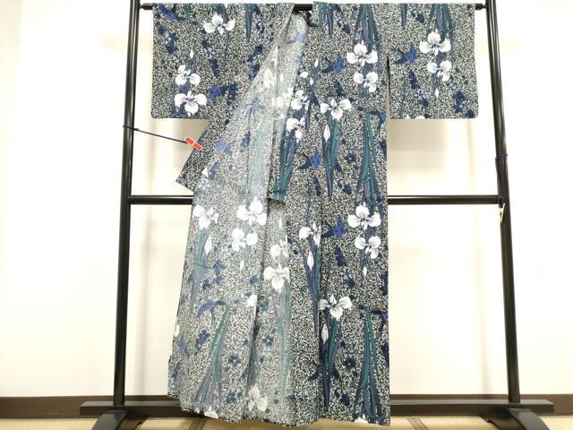 平和屋着物∴夏物　綿紅梅　浴衣　手縫い　枝花文　杜若　カキツバタ　金彩　綿　逸品　DABI8756cd
