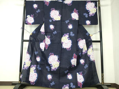 平和屋着物∴夏物　浴衣　注染　手縫い　花蝶文　薔薇　バラ　綿　逸品　未使用　DABI8816cd