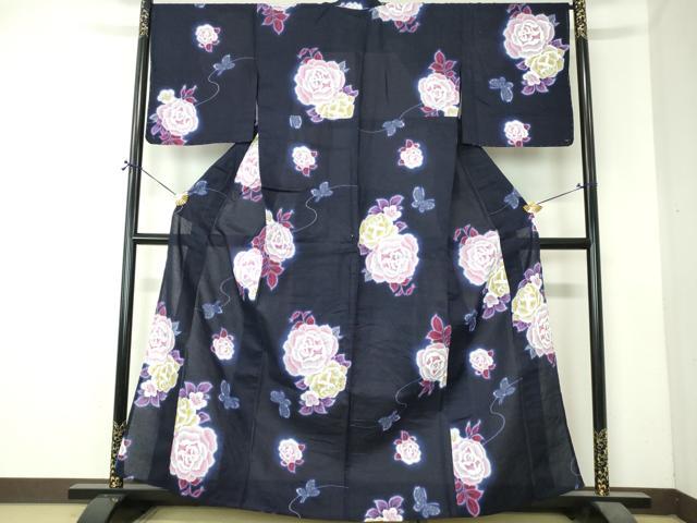平和屋着物∴夏物　浴衣　注染　手縫い　花蝶文　薔薇　バラ　綿　逸品　未使用　DABI8816cd