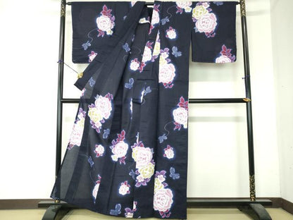 平和屋着物∴夏物　浴衣　注染　手縫い　花蝶文　薔薇　バラ　綿　逸品　未使用　DABI8816cd