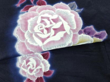 平和屋着物∴夏物　浴衣　注染　手縫い　花蝶文　薔薇　バラ　綿　逸品　未使用　DABI8816cd