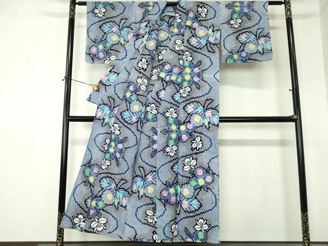 平和屋着物∴夏物　浴衣　注染　流水草花文　蘭　綿　逸品　DABI8825cd