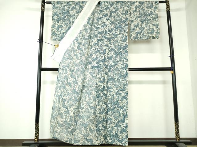 平和屋着物∴夏物　小紋・浴衣兼用　絹紅梅　手縫い　舞蝶文　綿絹　逸品　DABI8826cd