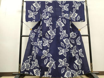 平和屋着物∴夏物　浴衣　注染　手縫い　草花文　綿　逸品　DABI8896cd