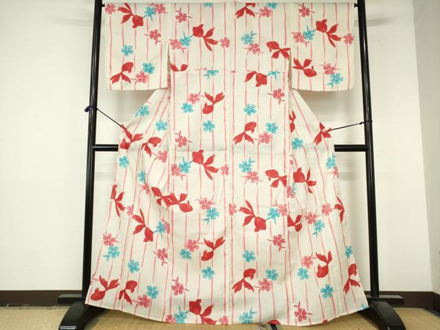 平和屋着物∴夏物　小紋・浴衣兼用　金魚　撫子　洗える着物　逸品　DABI8906cd