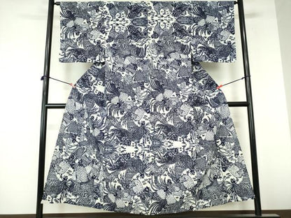 平和屋着物∴夏物　浴衣　注染　手縫い　鶏　ニワトリ　綿　逸品　DABI8945cd
