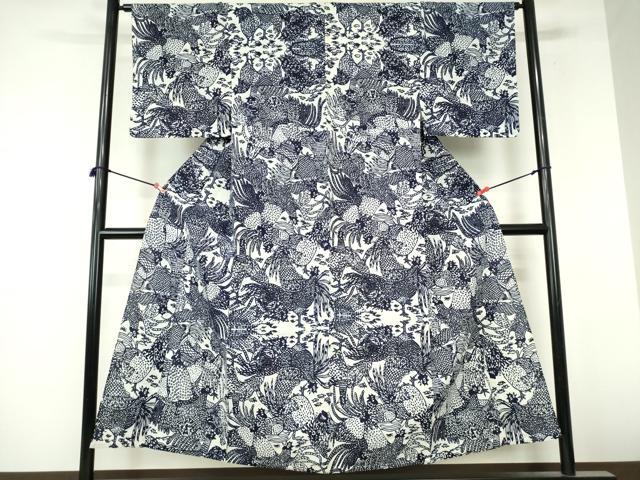 平和屋着物∴夏物　浴衣　注染　手縫い　鶏　ニワトリ　綿　逸品　DABI8945cd