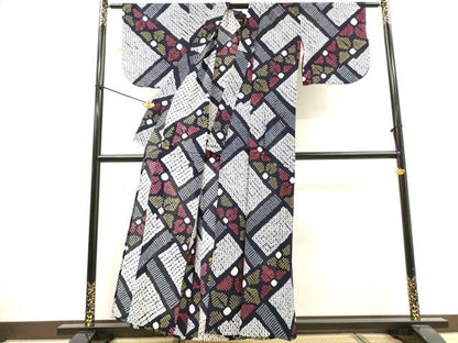 平和屋着物∴夏物　浴衣　有松鳴海絞り　幾何学花文　綿　逸品　DABI8964cd