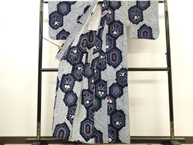平和屋着物∴夏物　浴衣　有松鳴海絞り　亀甲笹花文　綿　逸品　DABI8988cd
