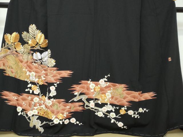 平和屋着物●豪華黒留袖　作家物　駒刺繍　流水草花文　金彩　正絹　逸品　DABI9016ud