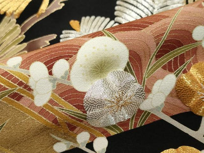 平和屋着物●豪華黒留袖　作家物　駒刺繍　流水草花文　金彩　正絹　逸品　DABI9016ud