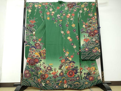 平和屋着物●豪華振袖　流水地紙花鳥文　暈し染め　さが美扱い　正絹　逸品　DABI9018ud