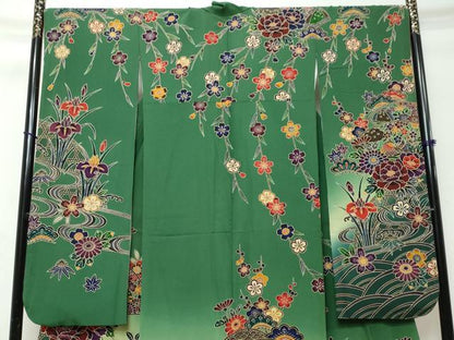 平和屋着物●豪華振袖　流水地紙花鳥文　暈し染め　さが美扱い　正絹　逸品　DABI9018ud