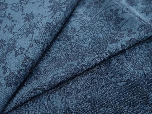 平和屋着物●上質な小紋　藍　型染め　流水草花籬文　鬼しぼ縮緬　正絹　逸品　DABI9026ud