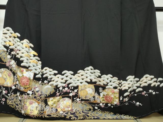 平和屋着物●豪華黒留袖　駒刺繍　草花屏風文　暈し染め　金銀彩　正絹　逸品　DABI9028ud