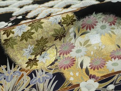 平和屋着物●豪華黒留袖　駒刺繍　草花屏風文　暈し染め　金銀彩　正絹　逸品　DABI9028ud