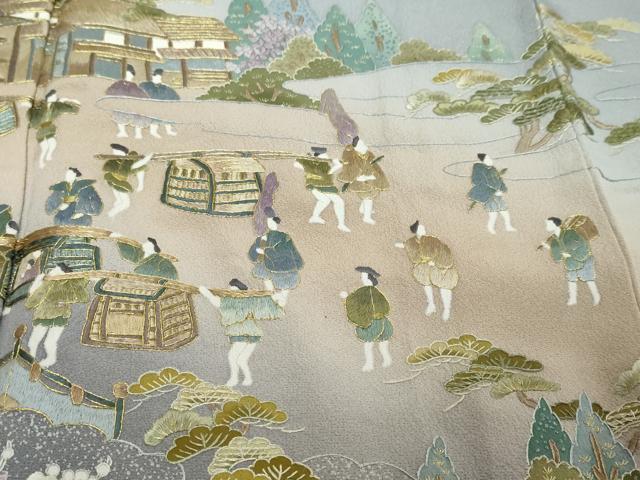 平和屋着物●豪華色留袖　総刺繍　人物風景文　暈し染め　金糸　正絹　逸品　DABI9030ud
