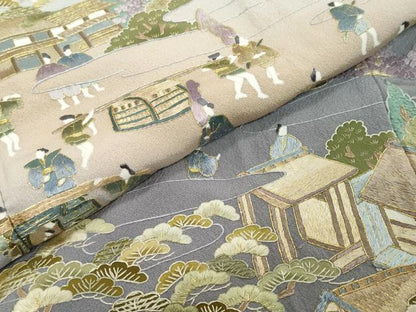平和屋着物●豪華色留袖　総刺繍　人物風景文　暈し染め　金糸　正絹　逸品　DABI9030ud