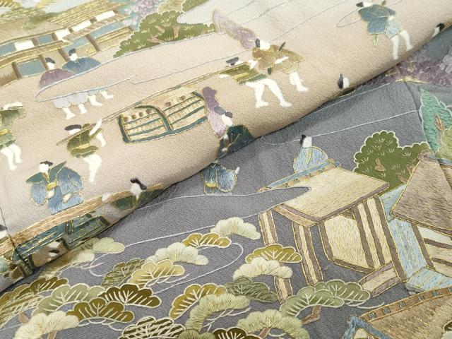 平和屋着物●豪華色留袖　総刺繍　人物風景文　暈し染め　金糸　正絹　逸品　DABI9030ud