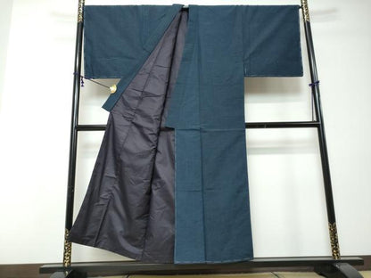 平和屋着物●男性　紬　アンサンブル　長羽織　鉄紺色　キングサイズ　正絹　逸品　未使用　DABI9033ud