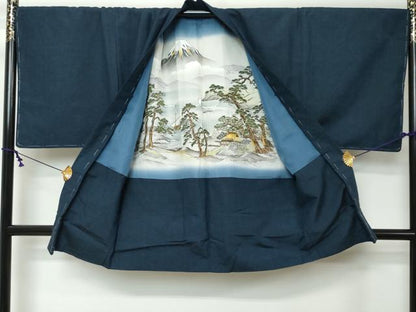 平和屋着物●男性　紬　アンサンブル　長羽織　鉄紺色　キングサイズ　正絹　逸品　未使用　DABI9033ud