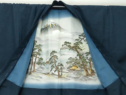 平和屋着物●男性　紬　アンサンブル　長羽織　鉄紺色　キングサイズ　正絹　逸品　未使用　DABI9033ud