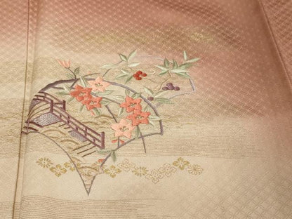 平和屋着物●訪問着　刺繍　渡橋草花文　暈し染め　金彩　正絹　逸品　DABI9046ud