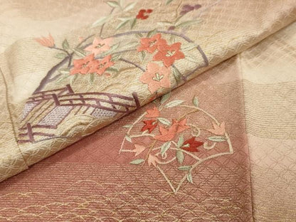 平和屋着物●訪問着　刺繍　渡橋草花文　暈し染め　金彩　正絹　逸品　DABI9046ud