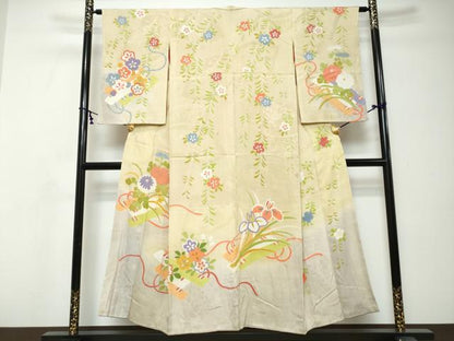 平和屋着物●アンティーク　大正ロマン　刺繍　草花文　暈し染め　正絹　逸品　DABI9056ud