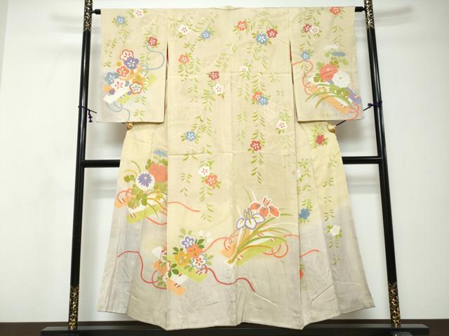平和屋着物●アンティーク　大正ロマン　刺繍　草花文　暈し染め　正絹　逸品　DABI9056ud