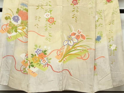 平和屋着物●アンティーク　大正ロマン　刺繍　草花文　暈し染め　正絹　逸品　DABI9056ud