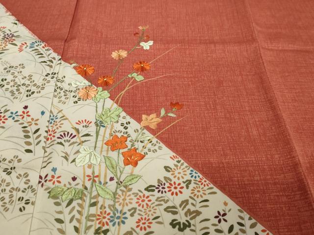 平和屋着物●訪問着　刺繍　草花文　金糸　正絹　逸品　未使用　DABI9059ud