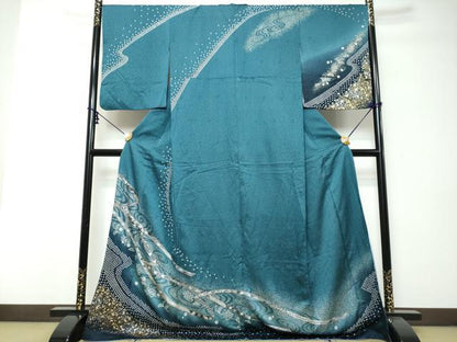 平和屋着物●訪問着　絞り　熨斗草花文　暈し染め　金彩　ロング丈　正絹　逸品　DABI9060ud