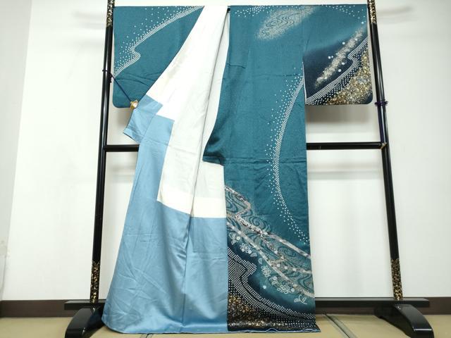 平和屋着物●訪問着　絞り　熨斗草花文　暈し染め　金彩　ロング丈　正絹　逸品　DABI9060ud