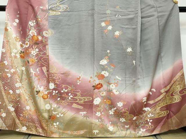 平和屋着物●訪問着　駒刺繍　流水草花文　暈し染め　金彩　正絹　逸品　DABI9061ud