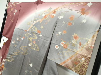 平和屋着物●訪問着　駒刺繍　流水草花文　暈し染め　金彩　正絹　逸品　DABI9061ud