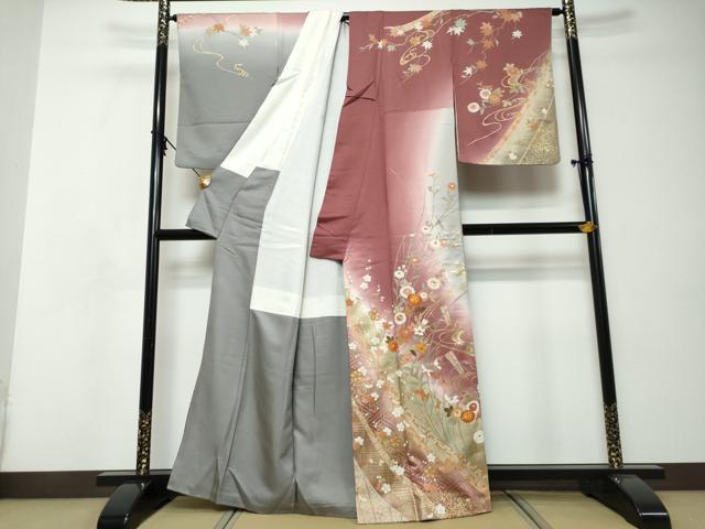 平和屋着物●訪問着　駒刺繍　流水草花文　暈し染め　金彩　正絹　逸品　DABI9061ud