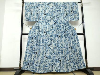 平和屋着物●上質な小紋　藍　型染め　変わり格子草花文　鬼しぼ縮緬　正絹　逸品　未使用　DABI9089ud