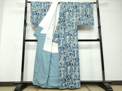 平和屋着物●上質な小紋　藍　型染め　変わり格子草花文　鬼しぼ縮緬　正絹　逸品　未使用　DABI9089ud