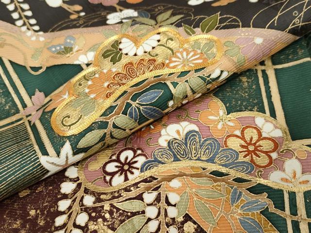 平和屋着物●訪問着　駒刺繍　扇面花蝶文　金彩　正絹　逸品　DABI9092ud