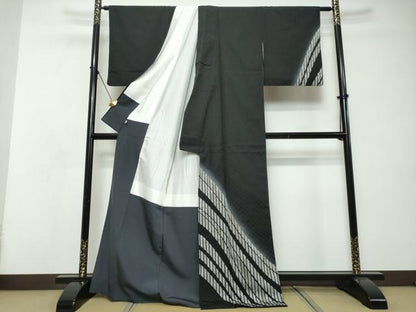 平和屋着物●訪問着　花織　変わり格子文　暈し染め　黒地　金彩　正絹　逸品　DABI9093ud