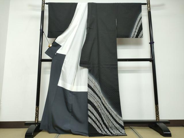 平和屋着物●訪問着　花織　変わり格子文　暈し染め　黒地　金彩　正絹　逸品　DABI9093ud