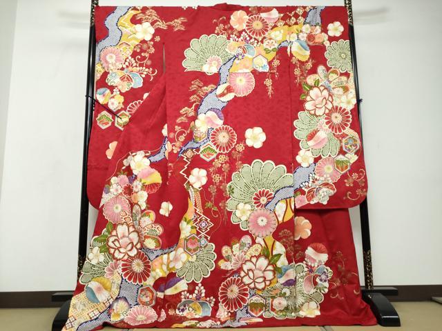 平和屋着物●豪華振袖　刺繍　吉祥草花文　金彩　正絹　逸品　DABI9098ud