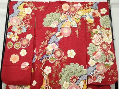 平和屋着物●豪華振袖　刺繍　吉祥草花文　金彩　正絹　逸品　DABI9098ud