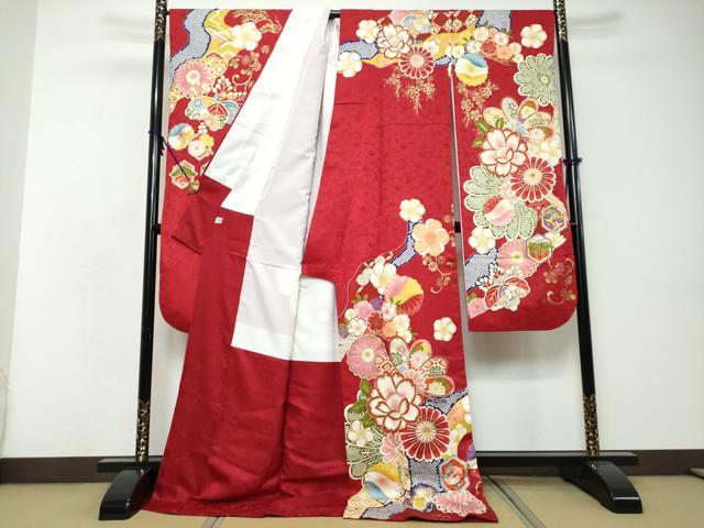 平和屋着物●豪華振袖　刺繍　吉祥草花文　金彩　正絹　逸品　DABI9098ud